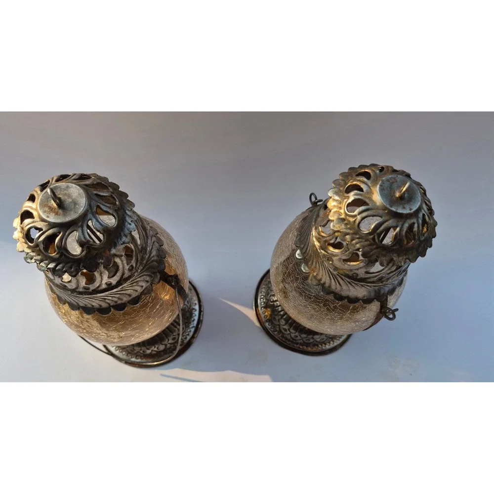 Vintage Silver Tone Crackle Glass Tea Light Lanterns Set of 2 Amber Boho Decor